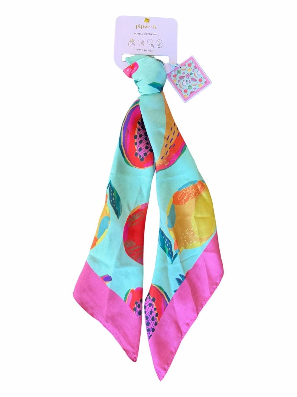 Piper K Fruit Print Scarf in Aqua and Pink Tropical Vacation Classic Style